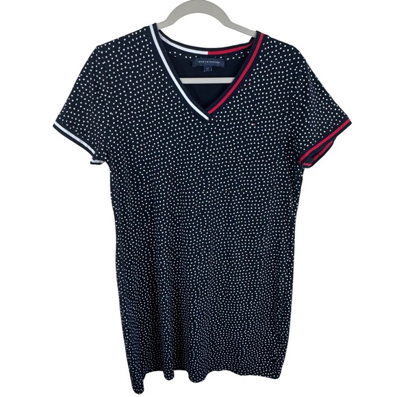 Tommy Hilfiger Navy Blue Polka Dot V-Neck Short Sleeve T-Shirt Dress Beach Large - Picture 2 of 6